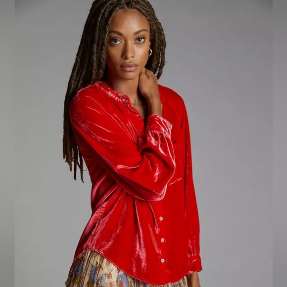 Anthropologie Pilcro Puff-Sleeved Velvet Buttondown Red/Rouge Size Medium - Picture 2 of 12